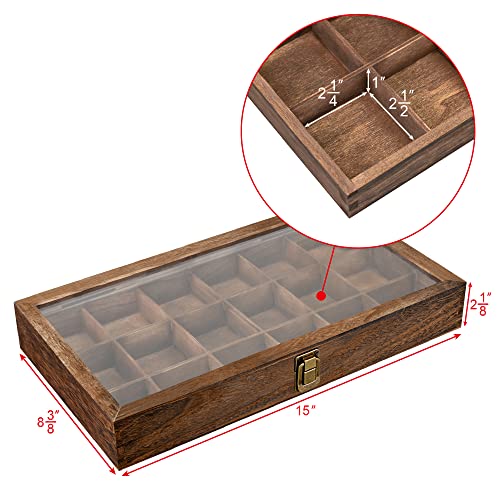 MOOCA Wooden Display Storage Case with Tempered Glass Lid for Jewelry and Beads with 18 Compartments Tray, 15 W x 8 3/8 L x 2 1/8 H in, Brown Color MOOCA
