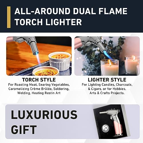 Dual Flame Butane Torch Gun - Refillable Luxury Hand Held Mini Blow Torch for Cooking, Creme Brulee, Soldering, Welding, & Resin Art - Adjustable inZaynity