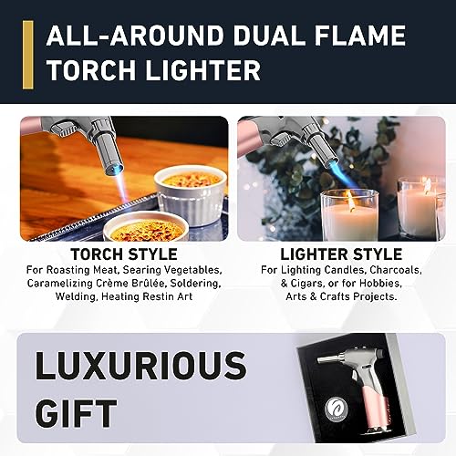 Dual Flame Butane Torch Gun - Refillable Luxury Hand Held Mini Blow Torch for Cooking, Creme Brulee, Soldering, Welding, & Resin Art - Adjustable