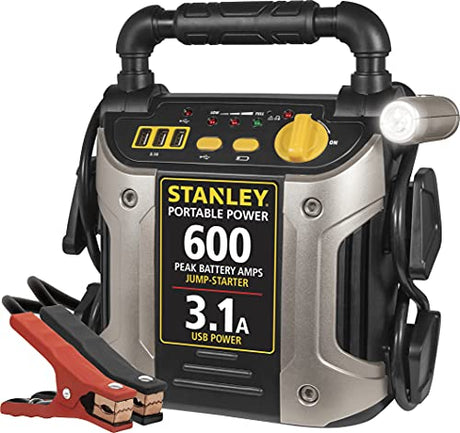 STANLEY J309 Portable Power Station Jump Starter 600 Peak Amp Battery Booster, 3.1A USB Ports, Battery Clamps STANLEY