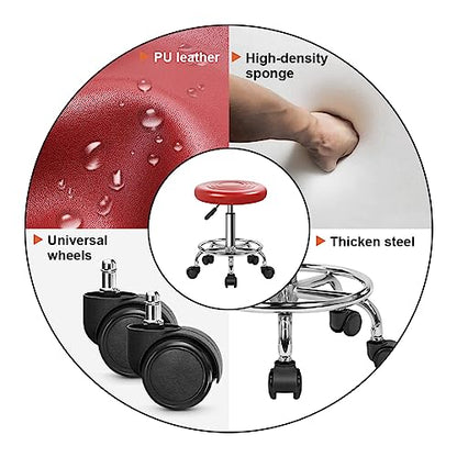 KKTONER PU Leather Modern Round Rolling Stool with Footrest Height Adjustable Spa Drafting Salon Tattoo Work Massage Stools Task Chair Small (Red) - WoodArtSupply