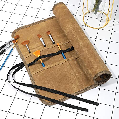 Denifiter Waxed Canvas Roll-up Pencil Bag, Heavy Duty Artist Paint Brushes Organize Pouch (Khaki) Denifiter