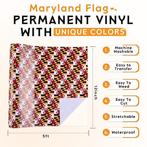 Tintnut Maryland Flag Permanent Vinyl Roll - 12 inch x 5ft, Pattern Adhesive Vinyl Compatible with Cricut Machine, Self Sticker Waterproof Vinyl Tintnut