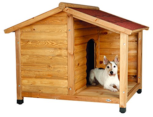 TRIXIE natura Lodge Dog House, Covered Porch, Hinged Roof, Adjustable Legs, Brown, Small - WoodArtSupply