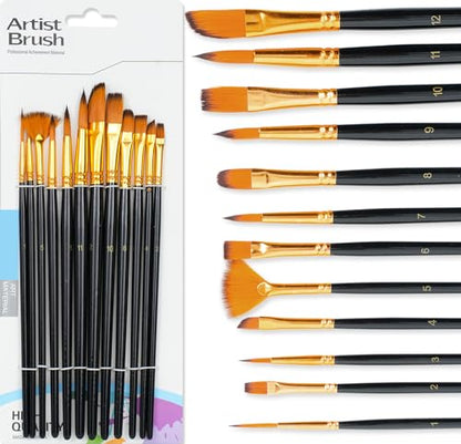 MAYYAYA 12 Pieces Crafts Artist Paint Brushes Set - Nylon Bristles with Round, Filbert, Flat, Fan, Angle, Fine Detail Brush for Artists and