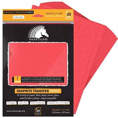MyArtscape Graphite Transfer Paper, 20 Red Sheets - Wax Free - Erasable - Smudge-Free - Ideal for Drawing and Tracing - Premium Arts and Crafts MyArtscape