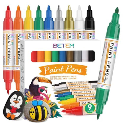 Betem 9 Colors Dual Tip Oil Based Paint Markers Acrylic Paint Pens(0.7mm & 3mm),Permanent,Waterproof,Quick Dry,for Rock - WoodArtSupply