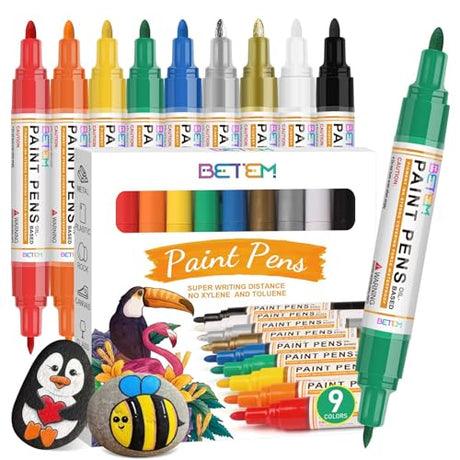 Betem 9 Colors Dual Tip Oil Based Paint Markers Acrylic Paint Pens(0.7mm & 3mm),Permanent,Waterproof,Quick Dry,for Rock Betem