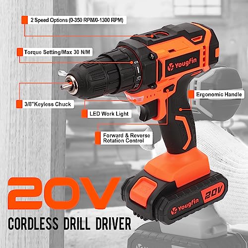 YOUGFIN 118 Pcs Power Tool Combo Kit with 20V Cordless Drill (3/8"), 2 Pack 1.5Ah Battery & Charger - Professional DIY Hand Tool Kit for Home, Garden Yougfin