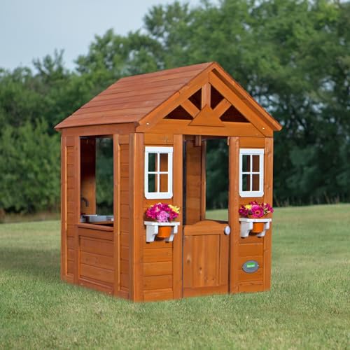 Backyard Discovery Timberlake All Cedar Wooden Playhouse, Country Cottage, Sink, Stove, White Trimmed Windows, Kitchen with Sink and Stove, Flowerpot - WoodArtSupply