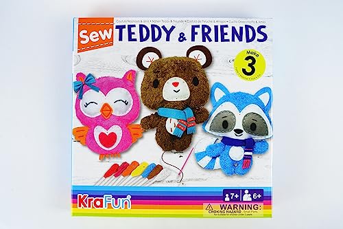 KRAFUN Sewing Kit for Kids Age 7 8 9 10 11 12 Beginner My First Art & Craft, Includes 3 Stuffed Animal Dolls Teddy, Raccoon and Owl, Instructions & KRAFUN