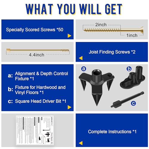 Floor Repair Kit, Floor Fix Screws Kit for Most Wood Floors, Eliminate Noise Under Floors, Contains 5 Tools and 50 Screws