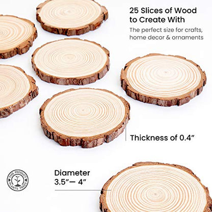 ARTEZA Natural Wood Slices, 25 Pieces, 3.5-4 Inch Diameter, 0.4 Inch Thickness, Round Pine Wood Discs with Bark for Crafts, Christmas Ornaments,
