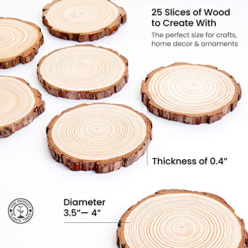 ARTEZA Natural Wood Slices, 25 Pieces, 3.5-4 Inch Diameter, 0.4 Inch Thickness, Round Pine Wood Discs with Bark for Crafts, Christmas Ornaments, ARTEZA