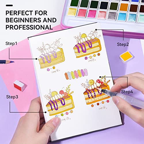 LIGHTWISH MeiLiang Watercolor Paint Set, 36 Vivid Colors in Pocket Box with Metal Ring and Watercolor Brush, Perfect for Students, Beginne