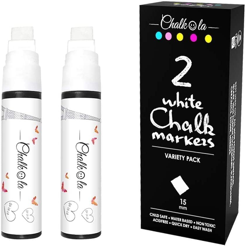 White Jumbo Chalk Markers - 15mm Window Markers | Pack of 2 White pens - Use on Cars, Chalkboard, Whiteboard, Blackboard, Glass, Bistro | Loved by Chalkola
