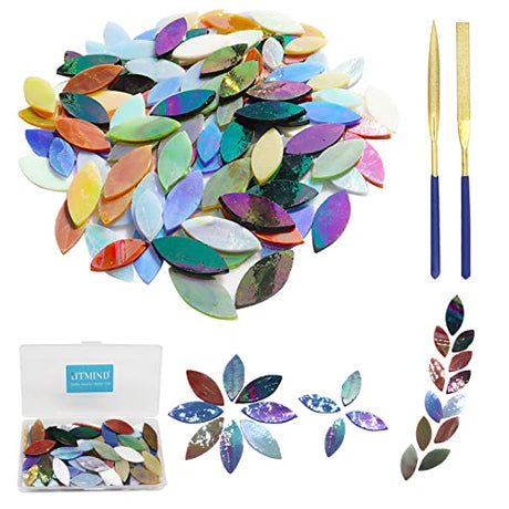 LITMIND 120 Pieces Leaf Iridescent Glass Mosaic Tiles for Crafts, Precut Rainbow Stained Glass Petals Kit, Mosaic Making Supplies, Stained Glass LITMIND
