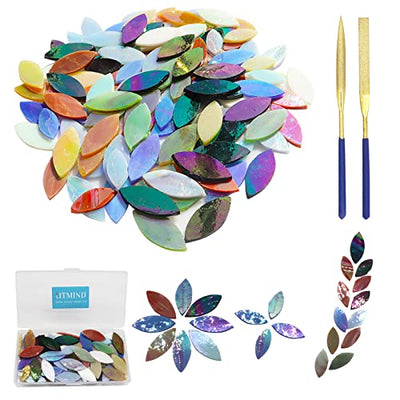 LITMIND 120 Pieces Leaf Iridescent Glass Mosaic Tiles for Crafts, Precut Rainbow Stained Glass Petals Kit, Mosaic Making Supplies, Stained Glass