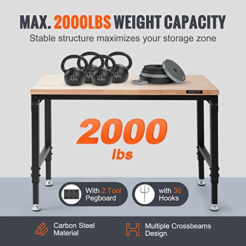 VEVOR Adjustable Workbench, 48" L X 24" W Garage Worktable with Universal Wheels, 28-39.5" Heights & 2000 LBS Load Capacity, with Power Outlets & VEVOR