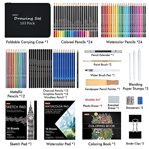 Shuttle Art Drawing Kit, 103 Pack Drawing Pencils Set, Sketching and Drawing Art Set with Colored Pencils, Sketch and Graphite Pencils in Portable