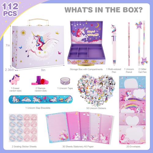 homicozy Unicorn Kids Stationary Set for Girls, Unicorns Gifts For Girls Ages 5 6 7 8 9 10 11 Year Old, Letter Writing Crafting Kit with Storage Box, homicozy