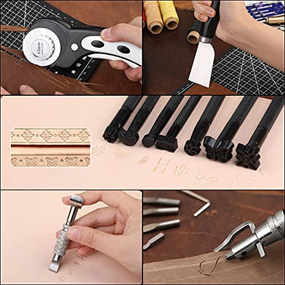 Leather Working Kit, Leather Repair Kit, Leather Working Tools with Instructions, Quality Tool Box, Rotary Cutter, Waxed Thread, Tracing Wheel, and - WoodArtSupply