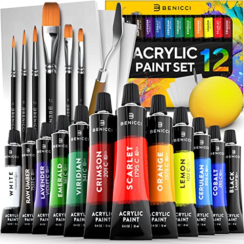 Acrylic Paint Set for Kids, Artists and Adults - 12 Vibrant Colors, 6 Brushes and 3 Paint Canvases - Perfect for Beginners or Professionals Benicci