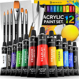 Acrylic Paint Set for Kids, Artists and Adults - 12 Vibrant Colors, 6 Brushes and 3 Paint Canvases - Perfect for Beginners or Professionals Benicci