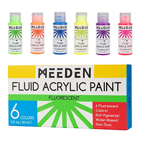MEEDEN Fluorescent Acrylic Paint Set, 6 High Flow Colors (2 oz, 60 ml), Neon Fluid Acrylic, Glow in the Dark Paints for Canvas Painting MEEDEN