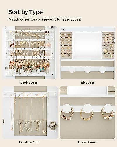 SONGMICS Jewelry Organizer, LED Jewelry Cabinet Wall/Door Mounted, Lockable Rounded Wide Mirror with Storage, Interior Mirror, White Surface with