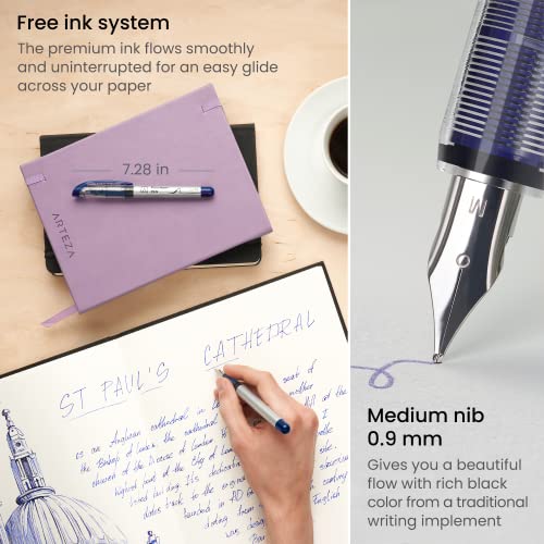 ARTEZA Disposable Fountain Pens, Pack of 12, Medium 0.9-mm Nib, Smooth-Writing Quick-Drying Blue Ink Pen, Art Supplies for Professionals, Students, ARTEZA