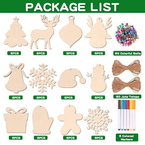 Max Fun 60Pcs Christmas Wooden Ornaments Unfinished Predrilled Wood Slices Circles for Crafts Xmas Holiday Hanging Decoration in 12 Shapes Max Fun