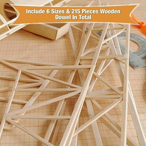 215 Pieces Balsa Wood Sticks Wooden Dowel Rods 1/8, 3/16, 1/4, 5/16, 3/8, 1/2 Inch Round Hardwood Unfinished Wooden Strips for DIY Molding Crafts Yulejo