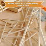 215 Pieces Balsa Wood Sticks Wooden Dowel Rods 1/8, 3/16, 1/4, 5/16, 3/8, 1/2 Inch Round Hardwood Unfinished Wooden Strips for DIY Molding Crafts Yulejo