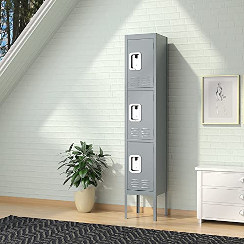 MIIIKO Employee Lockers, Metal Cabinet 3 Doors, Gym Locker with Hooks, 3 Tier Shelves Storage Locker Organizer for School Kids, Home Office Bedroom - WoodArtSupply