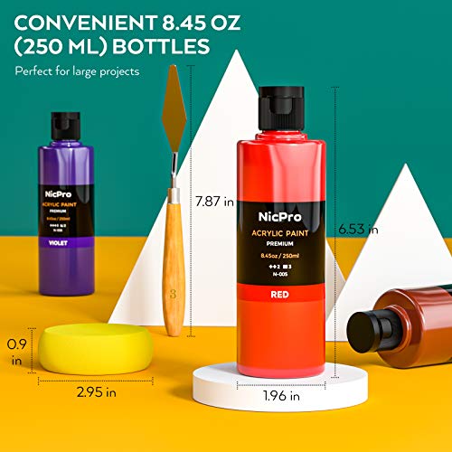 Nicpro 18 Colors Large Acrylic Paint Set, 8.45 fl oz./ 250 ml Artist Painting Supplies Bulk Non-Toxic For Multi Surface Canvas, Wood, Fabric, Nicpro