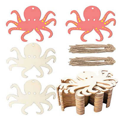 Unfinished Octopus Shaped Wood Tag Hanging Wood Cutout Blank Wood Slices Wooden Gift Tags with Twine for Beach & Nautical Decor Christmas Holiday