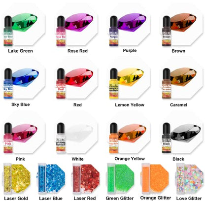 Epoxy Resin Pigment - 12 Colors Transparent UV Resin Dye, Epoxy Resin Color with 6 Glitter, Highly Concentrated Epoxy Resin Colorant for Resin