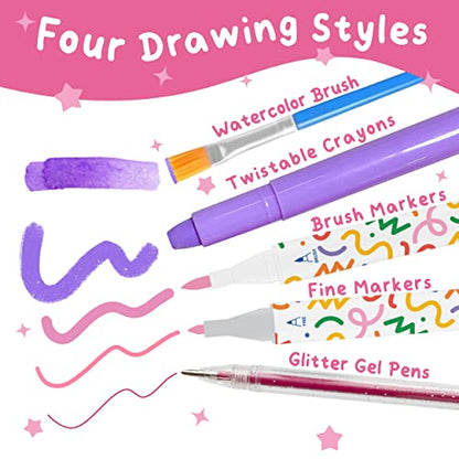 yasest Washable Kids Markers Set 66 Pcs with Glitter Unicorn Pencil Case,  Brush Markers, Crayons, Glitter Pens, Coloring Pages, Gift for Girls Ages 4