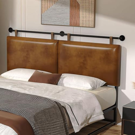 BSHOMGI Wall Mount Headboard, King Headboard Size, PU Leather Head Board Only Brown Hanging Head Boards, Industrial Pipe Modern King Bed Backboard BSHOMGI