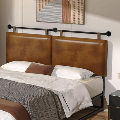 BSHOMGI Wall Mount Headboard, King Headboard Size, PU Leather Head Board Only Brown Hanging Head Boards, Industrial Pipe Modern King Bed Backboard