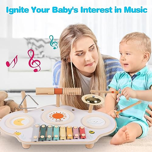 Twefex Kids Drum Set - 9 in 1 Baby Drum Set for Toddlers - Montessori Musical Instruments Toy for Babies - Wooden Xylophone Musical Toys for Boys and - WoodArtSupply