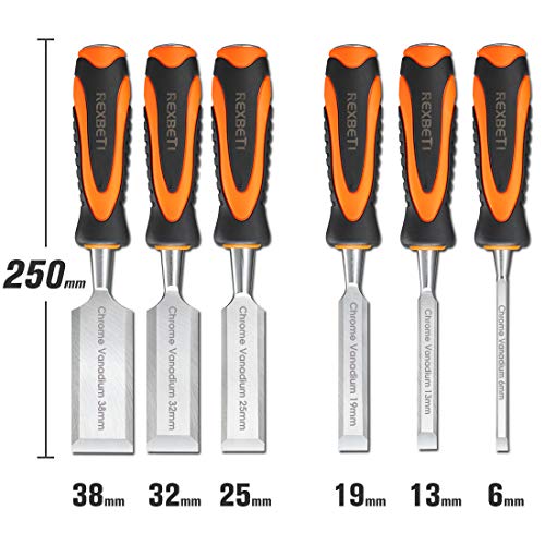 REXBETI 10pcs Premium Wood Chisel Set, 6pcs Wood Chisel with 1 Honing Guide, 1 Sharpening Stone and 2 Carpenter Pencils, Heat-Treated Cr-V Alloy - WoodArtSupply