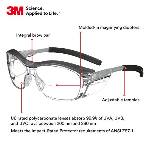 3M Safety Glasses with Readers, Nuvo Protective Eyewear, +1.5 Diopter, ANSI Z87, Clear Lens, Retro Gray Frame, Soft Nose Bridge, Side Shields 3M