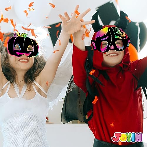 JOYIN 32 Pcs Halloween Mask Craft Kit for Kids, DIY Rainbow Scratch Art Masks for Halloween，Kids Magic Scratch Paper Animal Masks, Halloween Party - WoodArtSupply