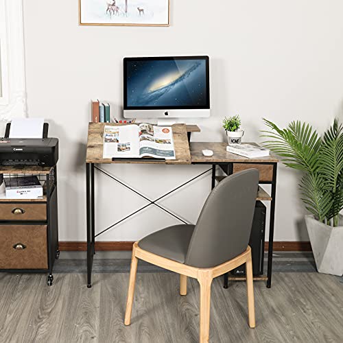 X-cosrack Computer Desk with Storage Shelves Drawer, 43” Home Office Desk with Monitor Stand, Adjustable & Tiltable Draft Drawing Table Writing Study X-cosrack