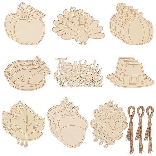 Lucleag 27Pcs Thanksgiving Wooden Hanging Ornaments, Unfinished Fall Turkey Pumpkin Chestnut Maple Leaf DIY Wooden Crafts for Kids, DIY Wooden Decor