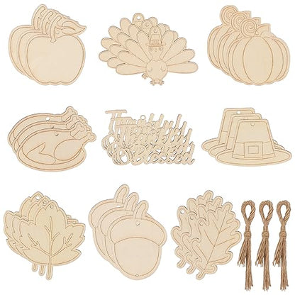 Lucleag 27Pcs Thanksgiving Wooden Hanging Ornaments, Unfinished Fall Turkey Pumpkin Chestnut Maple Leaf DIY Wooden Crafts for Kids, DIY Wooden Decor