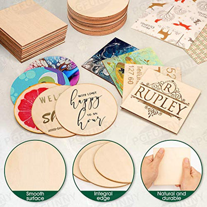 PGFUNNY 100 Pieces Unfinished Wood Pieces 4" x 4" Squares Round Wooden Cutouts for DIY Arts Craft Project Coasters Pyrography Painting Writing
