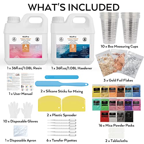 Nicpro 72OZ Crystal Clear Epoxy Resin Kit, Casting and Coating Resin Supplies for Craft Tabletop, Jewelry Making, Molds, Art Painting with 16 Mica Nicpro